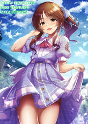 Rule 34 | 1girl, ascot, blue ribbon, blue sky, blurry, blurry background, blush, bow, breasts, brown eyes, brown hair, building, character name, cloud, cowboy shot, dated, day, dot nose, dress, dress bow, falling petals, hair bow, hair ribbon, hand up, happy birthday, highres, idolmaster, idolmaster cinderella girls, idolmaster cinderella girls starlight stage, long hair, looking at viewer, ment, open mouth, outdoors, petals, plaid, plaid dress, plaid ribbon, ponytail, puffy short sleeves, puffy sleeves, purple bow, purple dress, red ascot, ribbon, short sleeves, sidelocks, skirt hold, sky, small breasts, smile, solo, sparkle, standing, takamori aiko, tree