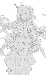 Rule 34 | 1girl, absurdres, antenna hair, blush, breasts, dress, freng, hands up, highres, long hair, looking at viewer, medium breasts, monochrome, original, sketch, solo, standing, standing on one leg, thighhighs, white background