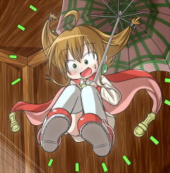 Rule 34 | 1girl, ahoge, blush, brown hair, cape, coat, embarrassed, fujiko (tougemine), green eyes, hair ornament, hairband, hairpin, lilka eleniak, long hair, open mouth, panties, shoes, sidelocks, skirt, smile, solo, surprised, sweatdrop, thighhighs, tougemine, twintails, underwear, wild arms, wild arms 2