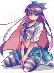 Rule 34 | 10s, 1girl, bow, colored inner hair, crop top, frills, hair bow, long hair, midriff, multicolored hair, nail polish, necktie, panty &amp; stocking with garterbelt, sitting, solo, stocking (psg), striped clothes, striped thighhighs, tegaki, thighhighs, turpentine (artist), turpentine (pin), two-tone hair