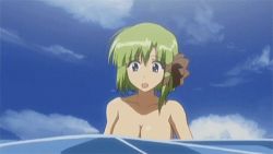 Rule 34 | 00s, 1girl, :o, animated, animated gif, blue eyes, breasts, covering breasts, covering privates, green hair, lowres, nipples, nude, ocean, shigure asa, shuffle!, solo, upper body