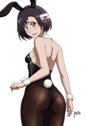 Rule 34 | 1girl, animal ears, ass, black hair, black leotard, bleach, blush, breasts, brown eyes, brown pantyhose, fake animal ears, fake tail, highres, hinamori momo, leotard, looking at viewer, mistowing, open mouth, pantyhose, playboy bunny, rabbit ears, rabbit tail, short hair, simple background, small breasts, smile, solo, tail, white background