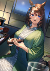 Rule 34 | 1girl, animal ears, blue bow, blue eyes, blush, bow, breasts, brown hair, hair bow, horse ears, horse girl, horse tail, indoors, japanese clothes, kimono, kneeling, large breasts, long hair, long sleeves, looking at viewer, night, open mouth, smile, solo, super creek (umamusume), tail, umamusume, unowen, yukata