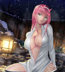 Rule 34 | 1girl, absurdres, arms behind back, artist name, breasts, cleavage, darling in the franxx, green eyes, highres, kneeling, large breasts, legs, lipstick, makeup, no bra, onsen, parted lips, pink hair, pink lips, solo, thighs, water, wet, zero two (darling in the franxx)