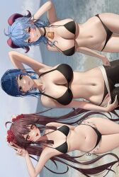 Rule 34 | 3girls, :p, absurdres, ahoge, alternate costume, alternate hairstyle, arm behind back, arm behind head, arm up, armpits, artist name, bare arms, bare shoulders, beach, bell, bikini, bikini under clothes, black bikini, black choker, black pants, blue hair, blue sky, blush, braid, breasts, brown hair, choker, cleavage, closed mouth, clothes pull, commentary, cowbell, cowboy shot, dark blue hair, day, diagonal bangs, dutch angle, earrings, english commentary, exif rotation, flower, flower-shaped pupils, frilled bikini, frills, ganyu (genshin impact), genshin impact, gluteal fold, goat horns, green eyes, groin, hair flower, hair ornament, halterneck, hand in own hair, hand on own neck, highres, horns, hu tao (genshin impact), jewelry, large breasts, linea alba, lips, long hair, looking at viewer, mole, mole on breast, mountainous horizon, multiple girls, navel, neck bell, no shirt, ocean, outdoors, pants, pants pull, raised eyebrows, red eyes, red flower, renberry, rotated, sand, shore, short hair, sky, small breasts, solo, stomach, strap gap, string bikini, swimsuit, symbol-shaped pupils, thighs, tongue, tongue out, twintails, underboob, v, very long hair, water, wide hips, yelan (genshin impact)