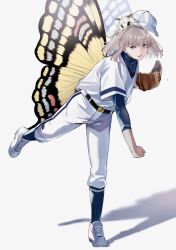 Rule 34 | 1boy, baseball, baseball bat, baseball cap, baseball glove, baseball uniform, belt, black belt, black wings, blonde hair, blue eyes, blue shirt, blue socks, blue stripe, blue undershirt, blue wings, bug, butterfly wings, commentary request, fate/grand order, fate (series), full body, gloves, hat, highres, insect, insect wings, kneehighs, layered sleeves, long sleeves, male focus, medium hair, moth, multicolored wings, oberon (fate), pants, parted lips, red wings, sausu hitori, shadow, shirt, shoe soles, shoes, short over long sleeves, short sleeves, simple background, single glove, sneakers, socks, solo, sportswear, standing, t-shirt, tagme, turtleneck, turtleneck shirt, under shirt, undershirt, white background, white footwear, white shirt, white stripe, wings, yellow wings