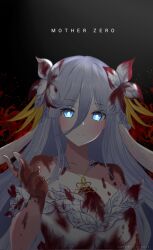 Rule 34 | 1girl, asteriaelodia, blood, blood on clothes, blood on hands, blue eyes, blue hair, braid, breasts, collarbone, date a live, dress, flower, glowing, glowing eyes, hair ornament, highres, long hair, looking at viewer, medium breasts, smile, solo, spider lily, takamiya mio, upper body, white dress