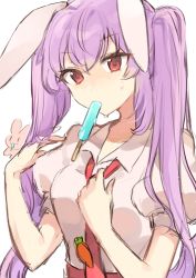 Rule 34 | 1girl, animal ears, collared shirt, food, hair between eyes, highres, long hair, mouth hold, necktie, one-hour drawing challenge, pink hair, popsicle, puffy short sleeves, puffy sleeves, rabbit ears, red eyes, red necktie, reisen udongein inaba, rin (yukameiko), shirt, short sleeves, simple background, solo, touhou, upper body, white background, white shirt