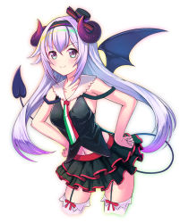 Rule 34 | .live, 1girl, arms at sides, carro pino, commentary request, demon horns, demon tail, demon wings, hair between eyes, hair ornament, headband, horns, long hair, navel, purple eyes, purple hair, shinori (efvbji6264), shirt, simple background, sleeveless, sleeveless shirt, smile, solo, tail, virtual youtuber, white background, wings