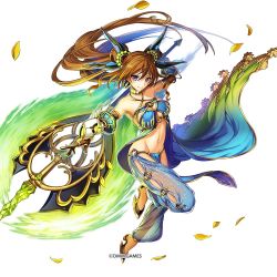 Rule 34 | 1girl, bare shoulders, breasts, brown hair, collar, commentary request, copyright name, elbow gloves, full body, gloves, hair ornament, harem outfit, harem pants, high heels, holding, holding weapon, jewelry, kamihime project, long hair, looking at viewer, medium breasts, navel, official art, original, pants, petals, purple eyes, see-through, simple background, smile, solo, twintails, weapon, white background