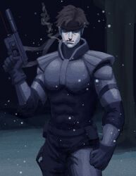 Rule 34 | 1boy, black gloves, black headband, body armor, brown hair, cigarette, clenched hand, commentary, english commentary, gloves, gun, headband, highres, holding, holding gun, holding weapon, metal gear (series), metal gear solid, mlad, serious, smoke, smoking, snow, snowing, solid snake, solo, suppressor, titann, upper body, weapon