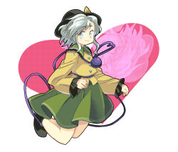 Rule 34 | 1girl, ankle socks, bow, female focus, grey eyes, hachi (8bit canvas), hat, hat bow, heart, heart-shaped pupils, heart of string, highres, jumping, komeiji koishi, legs up, long sleeves, projected inset, shirt, shoes, short hair, simple background, skirt, socks, solo, symbol-shaped pupils, third eye, touhou, white hair
