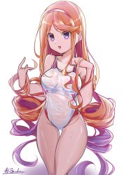 Rule 34 | 1girl, absurdres, competition swimsuit, drill hair, feet out of frame, gradient hair, hairband, highres, kantai collection, long hair, matsurika (harusutain), multicolored hair, one-piece swimsuit, orange hair, purple eyes, side drill, signature, solo, swimsuit, thigh gap, two-tone swimsuit, white hairband, white one-piece swimsuit, yuugure (kancolle)
