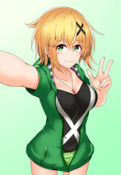 Rule 34 | 10s, 1girl, akatsuki kirika, between breasts, blonde hair, blush, breasts, cleavage, closed mouth, commentary request, cowboy shot, etan14, gradient background, green eyes, hair ornament, highres, hood, hoodie, jewelry, looking at viewer, medium breasts, necklace, outstretched arm, reaching, reaching towards viewer, selfie, senki zesshou symphogear, shiny skin, short hair, shorts, smile, solo, standing, unzipped, v, x hair ornament