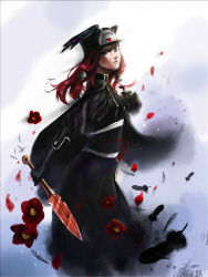 Rule 34 | 1girl, alternate color, arc system works, bad id, bad pixiv id, blazblue, blazblue: continuum shift, blue eyes, cape, feathers, flower, gloves, hair tubes, hat, head wings, highres, long hair, looking at viewer, military, military uniform, red hair, short sword, solo, sword, tsubaki yayoi, umin (umtiming), uniform, weapon, wings