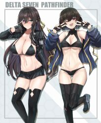 2girls ;d absurdres bare_shoulders belt bikini black_belt black_bikini black_gloves black_jacket black_thighhighs blue_jacket blush boots breasts bright_pupils brown_hair cleavage cleavage_cutout clothing_cutout collared_jacket commentary counter:side diamond_cutout double_inward_v double_v emblem fingerless_gloves gloves gluteal_fold grey_background grey_eyes groin group_name hair_between_eyes half_gloves half_up_braid halterneck heterochromia highleg highleg_bikini highres honeycomb_(pattern) honeycomb_background jacket joo_shiyoung karin_wong large_breasts leg_up light_frown long_hair long_sleeves looking_at_another looking_at_viewer lowleg lowleg_skirt medium_breasts medium_hair microskirt msto multicolored_hair multiple_girls navel one_eye_closed open_clothes open_jacket open_mouth outside_border purple_eyes red_eyes sideways_glance skirt smile stomach streaked_hair swimsuit thighhighs v white_background white_hair white_pupils