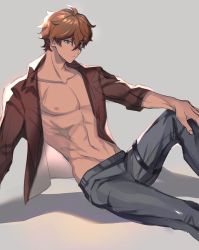 Rule 34 | 1boy, blue eyes, closed mouth, crossed bangs, genshin impact, grey background, grey pants, hair between eyes, hand on own knee, highres, male focus, open clothes, open shirt, orange hair, pants, pectorals, plus q, red shirt, scar, scar on chest, shadow, shirt, simple background, sitting, solo, tartaglia (genshin impact)