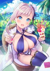 Rule 34 | 1girl, asymmetrical hair, bare shoulders, beach, blue eyes, blue one-piece swimsuit, blue sky, blue thighhighs, blush, breasts, bun cover, cape, chair, cleavage, criss-cross halter, day, fate/grand order, fate (series), food, fruit, fur-trimmed cape, fur trim, hair bun, halterneck, ice cream, iincho (airi8751), large breasts, long hair, looking at viewer, miyamoto musashi (fate), miyamoto musashi (fate/grand order), miyamoto musashi (swimsuit berserker) (fate), miyamoto musashi (swimsuit berserker) (third ascension) (fate), ocean, one-piece swimsuit, open mouth, palm tree, parfait, pink hair, pocky, side bun, sideboob, single hair bun, single side bun, sitting, sky, smile, solo, spoon, swept bangs, swimsuit, thighhighs, tree, two-tone swimsuit, white cape, white one-piece swimsuit