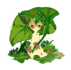 Rule 34 | :3, animal focus, apios, closed mouth, creatures (company), day, full body, game freak, gen 4 pokemon, grass, green theme, happy, holding, holding leaf, leaf, leaf umbrella, leafeon, looking at viewer, nintendo, no humans, orange eyes, outdoors, own hands together, pokemon, pokemon (creature), simple background, sitting, smile, solo, spread legs, white background