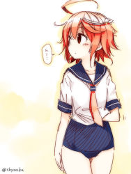 Rule 34 | 10s, 1girl, ahoge, blush, hair ornament, hand under clothes, hand under shirt, i-58 (kancolle), kantai collection, looking to the side, neckerchief, pink hair, red eyes, school swimsuit, school uniform, serafuku, shirt, short hair, solo, standing, suka, swimsuit, swimsuit under clothes