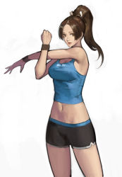 Rule 34 | 1girl, alternate costume, breasts, brown eyes, brown hair, cosplay, fatal fury, female focus, long hair, looking at viewer, matching hair/eyes, navel, nintendo, phamoz, ponytail, ribbon, shiranui mai, shorts, solo, sports bra, sportswear, super smash bros., the king of fighters, wii fit, wii fit trainer, wii fit trainer (cosplay), wii fit trainer (female)