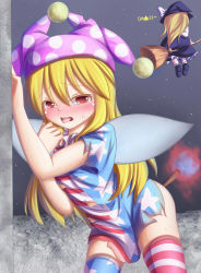 Rule 34 | 2girls, aftersex, against wall, alternate legwear, american flag legwear, american flag print, american flag shirt, anal, anal object insertion, blonde hair, blush, broom, clownpiece, dior-zi, gradient background, hat, highres, implied sex, implied yuri, jester cap, kirisame marisa, long hair, moon, multiple girls, no pants, object insertion, open mouth, print shirt, pussy juice, red eyes, tears, tongue, tongue out, touhou, wings, yuri