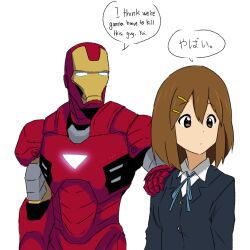 Rule 34 | 1boy, 1girl, armor, black jacket, brown eyes, brown hair, closed mouth, commentary, crossover, dot mouth, dot nose, english commentary, english text, hair ornament, hairclip, hand on another&#039;s shoulder, highres, hirasawa yui, i think we&#039;re gonna have to kill this guy steven (meme), iron man, iron man (series), jacket, k-on!, marvel, meme, mixed-language text, power armor, sakuragaoka high school uniform, school uniform, short hair, simple background, speech bubble, superhero costume, the freakin yui, translated, upper body, white background