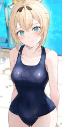Rule 34 | 1girl, absurdres, aqua eyes, bare shoulders, blonde hair, blue one-piece swimsuit, blurry, blurry background, blush, breasts, commentary request, competition swimsuit, covered navel, green one-piece swimsuit, hair between eyes, hairband, highleg, highleg swimsuit, highres, hololive, kazama iroha, kudoukudokudo, large breasts, long hair, looking at viewer, medium breasts, multicolored clothes, multicolored swimsuit, one-piece swimsuit, open mouth, partial commentary, ponytail, pool, school swimsuit, short ponytail, solo, swimsuit, thighs, trembling, two-tone swimsuit, virtual youtuber, wet