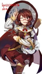 Rule 34 | 1girl, 2016, alternate costume, arm up, artist name, asymmetrical legwear, basket, blunt bangs, bow, brown eyes, brown hair, brown thighhighs, cape, chain, character doll, collared shirt, cowboy shot, dated, eyebrows, fujiwara no mokou, glasses, grey hair, hair bow, hair ornament, hairclip, halloween, hat, hexagram, juliet sleeves, karaori, key, charm (object), kyoto fantasy troupe, long sleeves, looking at viewer, low twintails, matching hair/eyes, miniskirt, mismatched legwear, neck ribbon, one eye closed, open mouth, petticoat, pleated skirt, pointing, pointing up, puffy sleeves, red-framed eyewear, red cape, red ribbon, red skirt, ribbon, semi-rimless eyewear, shirt, simple background, skirt, smile, solo, standing, thighhighs, touhou, twintails, under-rim eyewear, usami sumireko, white background, white shirt, zettai ryouiki