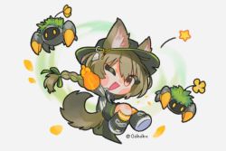 Rule 34 | 1girl, ;d, arknights, beanstalk (arknights), black footwear, black overalls, blush, braid, brown hair, chibi, commentary, crab, daba (0dbdbx), fang, flower, gloves, green hair, green ribbon, hair flower, hair ornament, hair ribbon, hyena ears, hyena girl, hyena tail, index finger raised, long hair, metal crab (arknights), multicolored hair, one eye closed, open mouth, orange gloves, orange socks, overalls, red eyes, ribbon, shirt, simple background, smile, socks, solo, star (symbol), streaked hair, symbol-only commentary, twitter username, white background, white shirt, yellow flower