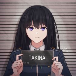 Rule 34 | 1girl, absurdres, barbie (franchise), barbie (live action), barbie mugshot (meme), black hair, blue jacket, character name, chxoswolf, closed mouth, collared shirt, highres, holding, holding sign, inoue takina, jacket, light frown, long hair, looking at viewer, lycoris recoil, lycoris uniform, meme, mugshot, purple eyes, shirt, sign, signature, solo, straight-on, upper body