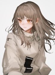 Rule 34 | 1girl, baggy clothes, brown hair, character request, floating hair, grey background, highres, light smile, lm7 (op-center), looking to the side, orange eyes, original, solo, sweater, upper body