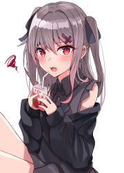 Rule 34 | 1girl, absurdres, black jacket, black ribbon, black shirt, blush, collared shirt, cross hair ornament, drinking straw, ear piercing, earrings, fangs, frilled shirt, frills, gradient hair, hair ornament, hair ribbon, highres, jacket, jewelry, juice, juice box, knees up, long sleeves, looking at viewer, multicolored hair, open mouth, original, piercing, red eyes, red hair, ribbon, shirt, silver hair, simple background, sleeveless, sleeveless shirt, sleeves past wrists, solo, tenpura noraneko, tomato juice, two-tone hair, upper body, vampire, white background