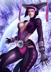 Rule 34 | 1girl, alternate costume, belt, belt buckle, black hair, bodysuit, breasts, buckle, center opening, cleavage, drill hair, gloves, glowing, glowing eye, hair ornament, han juri, highres, large breasts, magion02, neon trim, purple eyes, short twintails, sideboob, solo, street fighter, twin drills, twintails, yin yang