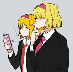 Rule 34 | 2girls, alice margatroid, alternate costume, bad id, bad twitter id, black eyes, black jacket, blazer, blonde hair, cellphone, cigarette, collared shirt, commentary request, cookie (touhou), finger to mouth, flat chest, grey background, hair over eyes, hairband, hatching (texture), holding, holding phone, jacket, jigen (cookie), long sleeves, looking at phone, multiple girls, necktie, ohasi, phone, pink hairband, pink necktie, red hairband, red necktie, shirt, short hair, simple background, smartphone, smartphone case, smoking, taisa (cookie), touhou, upper body, white shirt