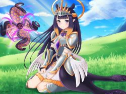 Rule 34 | 1girl, animal ears, armor, armored boots, black dress, black hair, blue eyes, blue sky, blush, book, boots, breastplate, bridal gauntlets, brown hair, closed mouth, cloud, day, dress, feathered wings, gradient hair, hololive, hololive english, knee boots, long hair, looking at viewer, low wings, mountain, multicolored hair, ninomae ina&#039;nis, on grass, open book, outdoors, pauldrons, pointy ears, princess connect!, shoulder armor, sitting, sky, smile, solo, tentacles, vambraces, very long hair, virtual youtuber, visor (armor), wariza, white wings, wings, xorbis