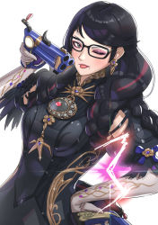 Rule 34 | 1girl, absurdres, bayonetta, bayonetta (series), bayonetta 3, black bodysuit, black hair, bodysuit, braid, breasts, commentary request, detached sleeves, dual wielding, elbow gloves, eyeliner, eyeshadow, glasses, gloves, gonzarez, grey eyes, gun, hand on own hip, handgun, highres, holding, lips, lipstick, long hair, makeup, mole, mole under mouth, multicolored hair, one eye closed, pistol, red hair, solo, streaked hair, swept bangs, tongue, tongue out, twin braids, weapon