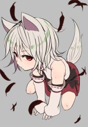Rule 34 | 1girl, animal ears, bare shoulders, collared shirt, detached sleeves, expressionless, feathers, full body, grey background, grey hair, highres, inubashiri momiji, looking at viewer, marsen, no headwear, no headwear, red eyes, ribbon-trimmed sleeves, ribbon trim, shirt, short hair, simple background, skirt, sleeves past wrists, solo, squatting, tail, touhou, turtleneck, wide sleeves, wolf ears, wolf tail