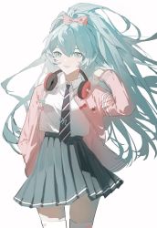 Rule 34 | 1girl, blue eyes, blue hair, blue skirt, bow, collared shirt, commentary, diagonal-striped clothes, diagonal-striped necktie, glutton (18152740927lx), hair bow, hand in own hair, hatsune miku, headphones, headphones around neck, high ponytail, highres, jacket, long hair, long sleeves, necktie, pink bow, pink jacket, pleated skirt, project diva (series), ribbon girl (module), shirt, simple background, skirt, solo, striped clothes, symbol-only commentary, thighhighs, very long hair, vocaloid, white background, white shirt, white thighhighs