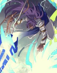 Rule 34 | bhima (fate), bhima (second ascension) (fate), dark-skinned male, dark skin, electricity, fate/grand order, fate (series), fighting, full body, highres, holding, holding polearm, holding weapon, long hair, male focus, polearm, ponytail, purple eyes, purple hair, smile, wakuwakumuscle, weapon