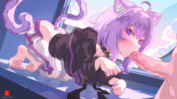 Rule 34 | 1boy, 1girl, ahoge, all fours, animal collar, animal ear fluff, animal ears, arched back, artist logo, artist name, barefoot, black hoodie, blush, breasts, cat ears, cat girl, cat tail, clothed female nude male, collar, commentary, crossed bangs, dr-alu, english commentary, erection, eyelashes, feet, fellatio, full body, hair between eyes, hetero, hololive, hood, hood down, hoodie, indoors, large breasts, long sleeves, looking at viewer, medium hair, nail polish, nekomata okayu, nekomata okayu (1st costume), nude, oral, out of frame, pants, paw pose, penis, purple eyes, purple hair, purple nails, purple tail, shadow, sidelocks, spread toes, tail, toenail polish, toenails, toes, tongue, tongue out, uncensored, virtual youtuber, watermark, web address, white pants, window