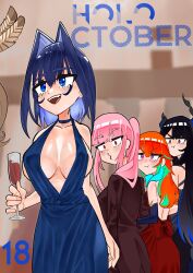 Rule 34 | 5girls, absurdres, asymmetrical horns, bare shoulders, black hair, blue hair, blush, breasts, champagne flute, cleavage, colored inner hair, commentary, cup, demon horns, distracted boyfriend (meme), dress, drinking glass, english commentary, evening gown, formal, highres, hololive, hololive english, horns, koizumi arata, large breasts, long hair, meme, mori calliope, multicolored hair, multiple girls, nanashi mumei, nerissa ravencroft, ouro kronii, pink hair, plunging neckline, pout, red eyes, revealing clothes, sleeveless, sleeveless dress, suit, takanashi kiara, two-tone hair, uneven horns, virtual youtuber