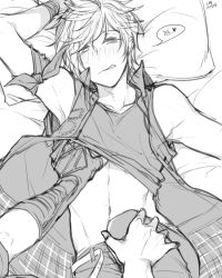 Rule 34 | 2boys, abs, bed, belly, belt, blush, cm (tenji1352), collar, collarbone, final fantasy, final fantasy xv, freckles, greyscale, heart, leg grab, looking at viewer, lying, male focus, monochrome, multiple boys, navel, on back, on bed, open mouth, pillow, plaid, prompto argentum, shirt, signature, solo focus, tank top, torso grab, undressing, yaoi