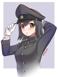 Rule 34 | 1girl, adjusting clothes, adjusting headwear, akitsu maru (kancolle), black eyes, black hair, black hat, black jacket, border, ebifly, gloves, grey background, hands up, hat, jacket, kantai collection, long sleeves, looking at viewer, medium hair, military hat, pale skin, parted lips, peaked cap, simple background, solo, twitter username, upper body, white border, white gloves