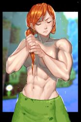 Rule 34 | 1girl, abs, alex (minecraft), barley juice, bathing, covered erect nipples, flower, freckles, highres, long hair, minecraft, muscular, muscular female, red hair, river, solo, squeezing, towel around waist, wet