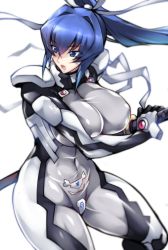 Rule 34 | absurdres, breasts, covered erect nipples, covered navel, floating hair, fortified suit, haganef, hair intakes, hair ribbon, highres, holding, holding sword, holding weapon, huge breasts, katana, long hair, mitsurugi meiya, muv-luv, muv-luv alternative, muv-luv alternative (anime), open mouth, pilot suit, ribbon, sheath, skin tight, solo, sword, thick thighs, thighs, unsheathing, weapon, white background, white ribbon