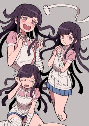 Rule 34 | 1girl, :d, ai nige, apron, bandaged arm, bandages, black hair, blue skirt, blush, cropped legs, crying, danganronpa (series), danganronpa 2: goodbye despair, grey background, hands up, highres, long hair, looking at viewer, mole, mole under eye, multiple views, open mouth, pink shirt, pleated skirt, puffy short sleeves, puffy sleeves, shirt, short sleeves, simple background, sitting, skirt, smile, tears, tsumiki mikan