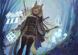 Rule 34 | 1girl, animal ears, arknights, baggy clothes, black footwear, blonde hair, boots, ceobe (arknights), chess piece, commentary request, dog ears, dog girl, dog tail, forest, highres, infection monitor (arknights), jacket, ji mag (artist), long hair, long sleeves, material growth, multicolored clothes, multicolored jacket, multiple weapons, mushroom, nature, open mouth, oripathy lesion (arknights), purple eyes, rook (chess), smile, solo, sword, tail, thigh boots, thighhighs, tree, weapon