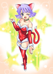 Rule 34 | 1girl, animal ears, bare shoulders, bell, blue eyes, blush, breasts, cat ears, cat girl, cat tail, christmas, cleavage, detached sleeves, covered erect nipples, female focus, green nails, high heels, jingle bell, kouda tomohiro, nail polish, one eye closed, open mouth, original, purple eyes, purple hair, santa costume, shoes, short hair, solo, strapless, tail, thighhighs, wink