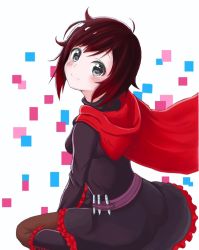 Rule 34 | 1girl, artist request, ass, black dress, black hair, blush, boots, breasts, cape, dress, gradient hair, hood, looking at viewer, looking back, looking up, multicolored hair, pantyhose, red hair, ruby rose, rwby, short hair, sideboob, silver hair, sitting, skirt, smile, solo, wariza